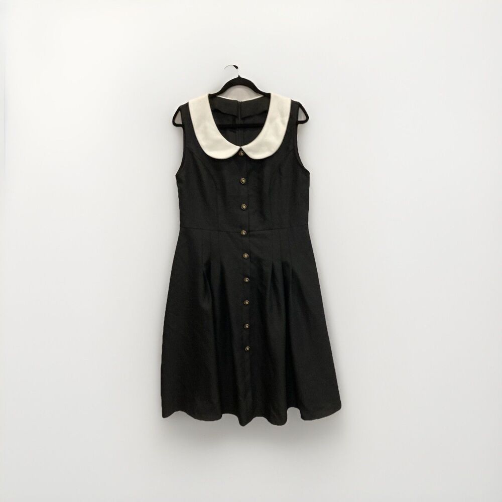Cider Tweed White Collar Black Dress Buttons Ruffle Hem Midi Sz XL Fit And Flare - Picture 4 of 15